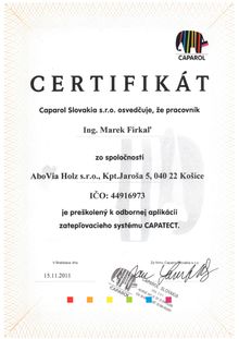 Certifikat preskolenie k odbornej aplikacii zateplovacieho systemu CAPATECT.